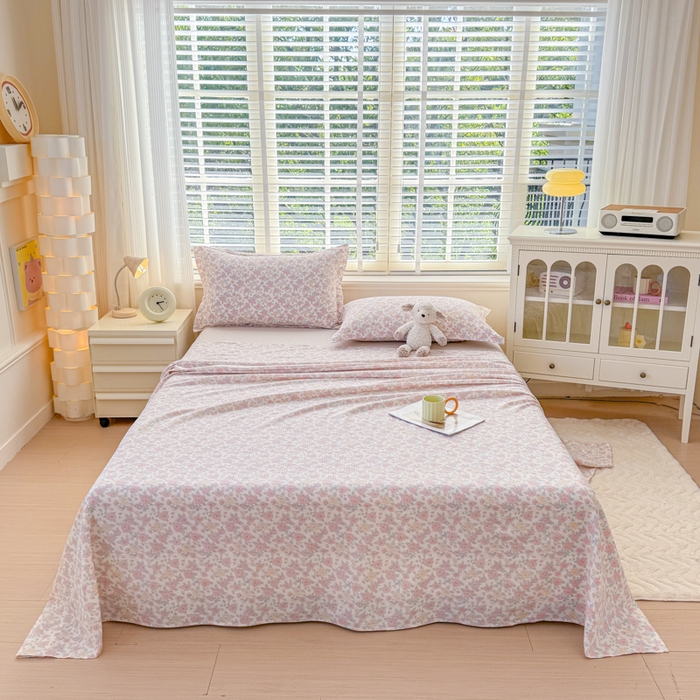 91家纺网 家纺一手货源 找家纺 一诺家居 2025新款A类云感双层纱针织棉印花母婴级裸睡床单三件套 量大可优惠 量大可送货 蔷薇