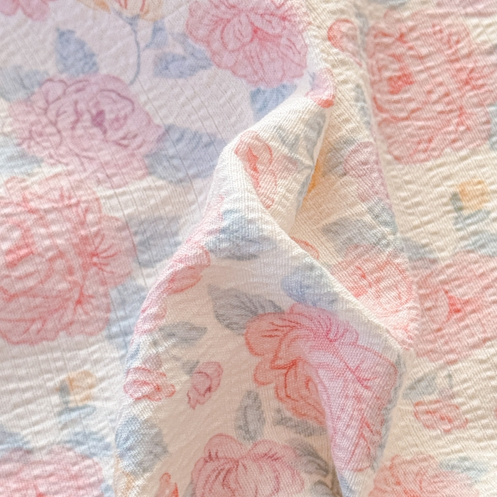 91家纺网 家纺一手货源 找家纺 一诺家居 2025新款A类云感双层纱针织棉印花母婴级裸睡床单三件套 量大可优惠 量大可送货 蔷薇