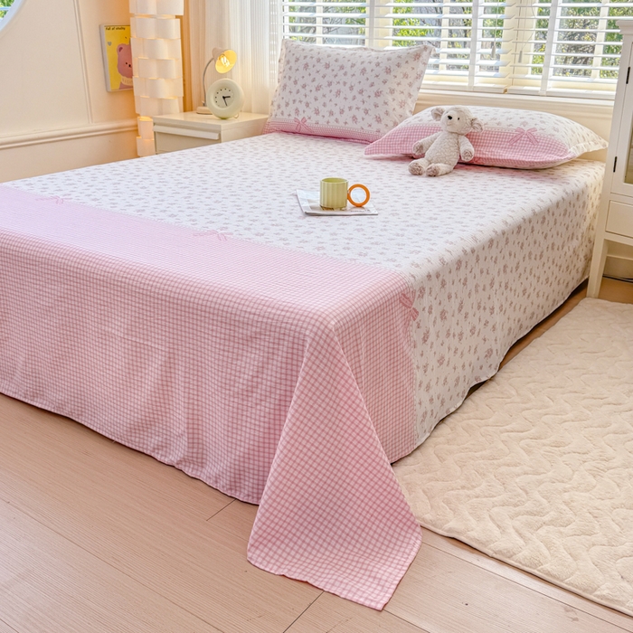 91家纺网 家纺一手货源 找家纺 一诺家居 2025新款A类云感双层纱针织棉印花母婴级裸睡床单三件套 量大可优惠 量大可送货 桃夭