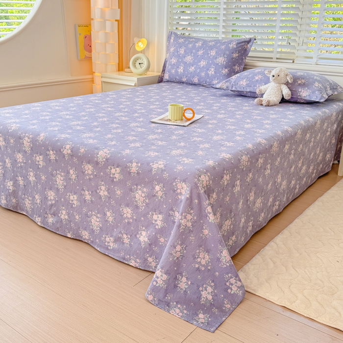 91家纺网 家纺一手货源 找家纺 一诺家居 2025新款A类云感双层纱针织棉印花母婴级裸睡床单三件套 量大可优惠 量大可送货 薰衣草