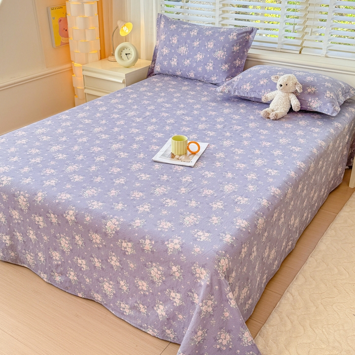 91家纺网 家纺一手货源 找家纺 一诺家居 2025新款A类云感双层纱针织棉印花母婴级裸睡床单三件套 量大可优惠 量大可送货 薰衣草