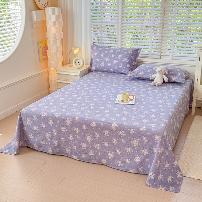 91家纺网 家纺一手货源 找家纺 一诺家居 2025新款A类云感双层纱针织棉印花母婴级裸睡床单三件套 量大可优惠 量大可送货 薰衣草