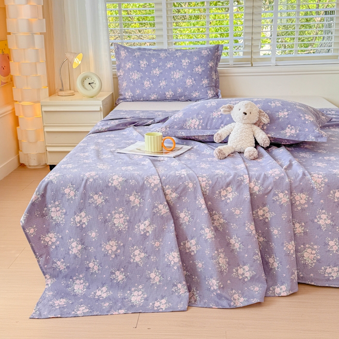 91家纺网 家纺一手货源 找家纺 一诺家居 2025新款A类云感双层纱针织棉印花母婴级裸睡床单三件套 量大可优惠 量大可送货 薰衣草