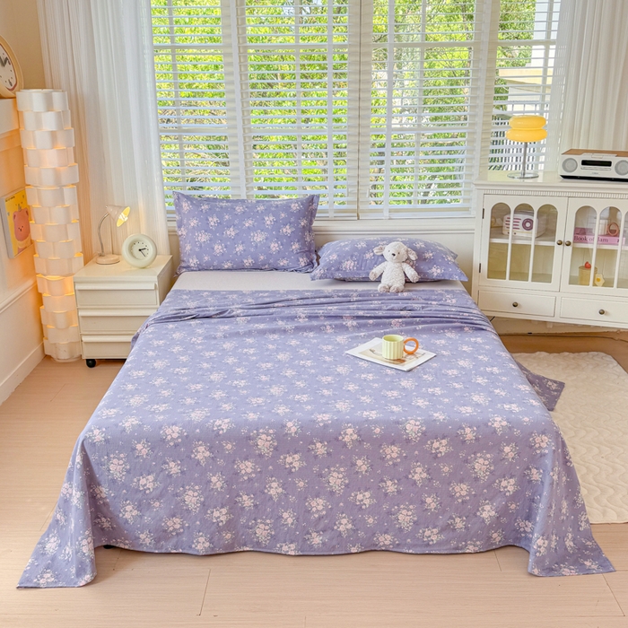 91家纺网 家纺一手货源 找家纺 一诺家居 2025新款A类云感双层纱针织棉印花母婴级裸睡床单三件套 量大可优惠 量大可送货 薰衣草