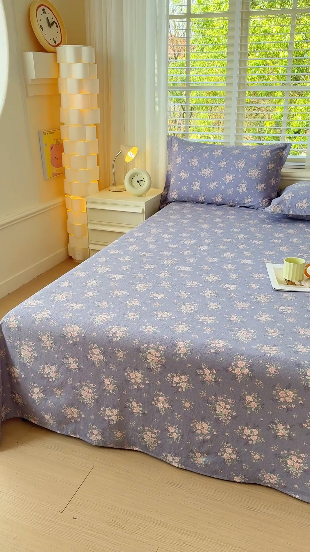 91家纺网 家纺一手货源 找家纺 一诺家居 2025新款A类云感双层纱针织棉印花母婴级裸睡床单三件套 量大可优惠 量大可送货 薰衣草