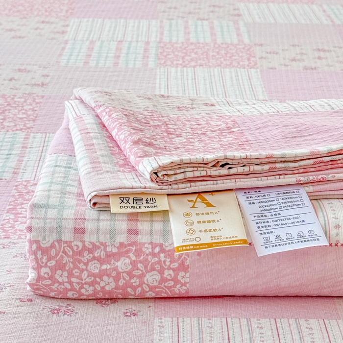 91家纺网 家纺一手货源 找家纺 一诺家居 2025新款A类云感双层纱针织棉印花母婴级裸睡床单三件套 量大可优惠 量大可送货 云纱