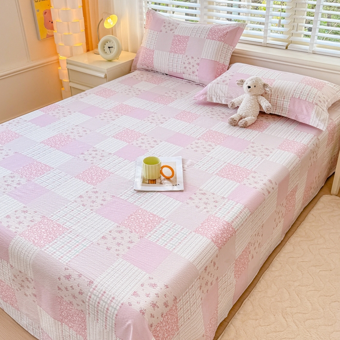 91家纺网 家纺一手货源 找家纺 一诺家居 2025新款A类云感双层纱针织棉印花母婴级裸睡床单三件套 量大可优惠 量大可送货 云纱