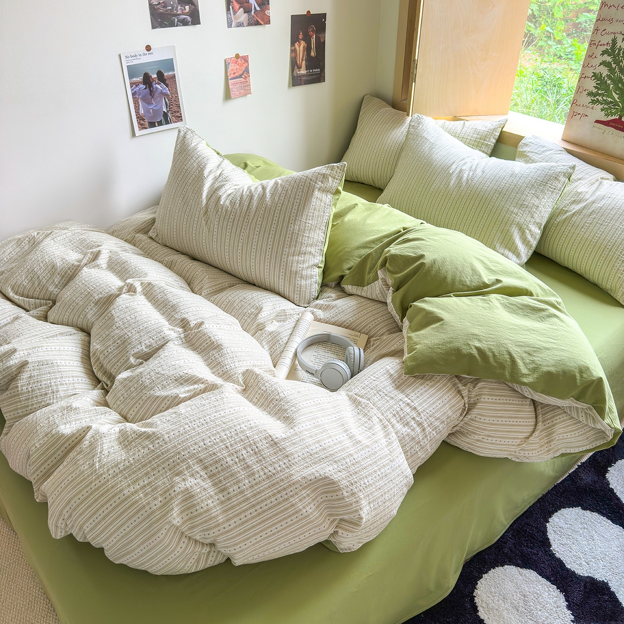 91家纺网 家纺一手货源 找家纺 千朵 2025新款全棉纯棉色织提花水洗棉四件套 富士系列 富士果绿