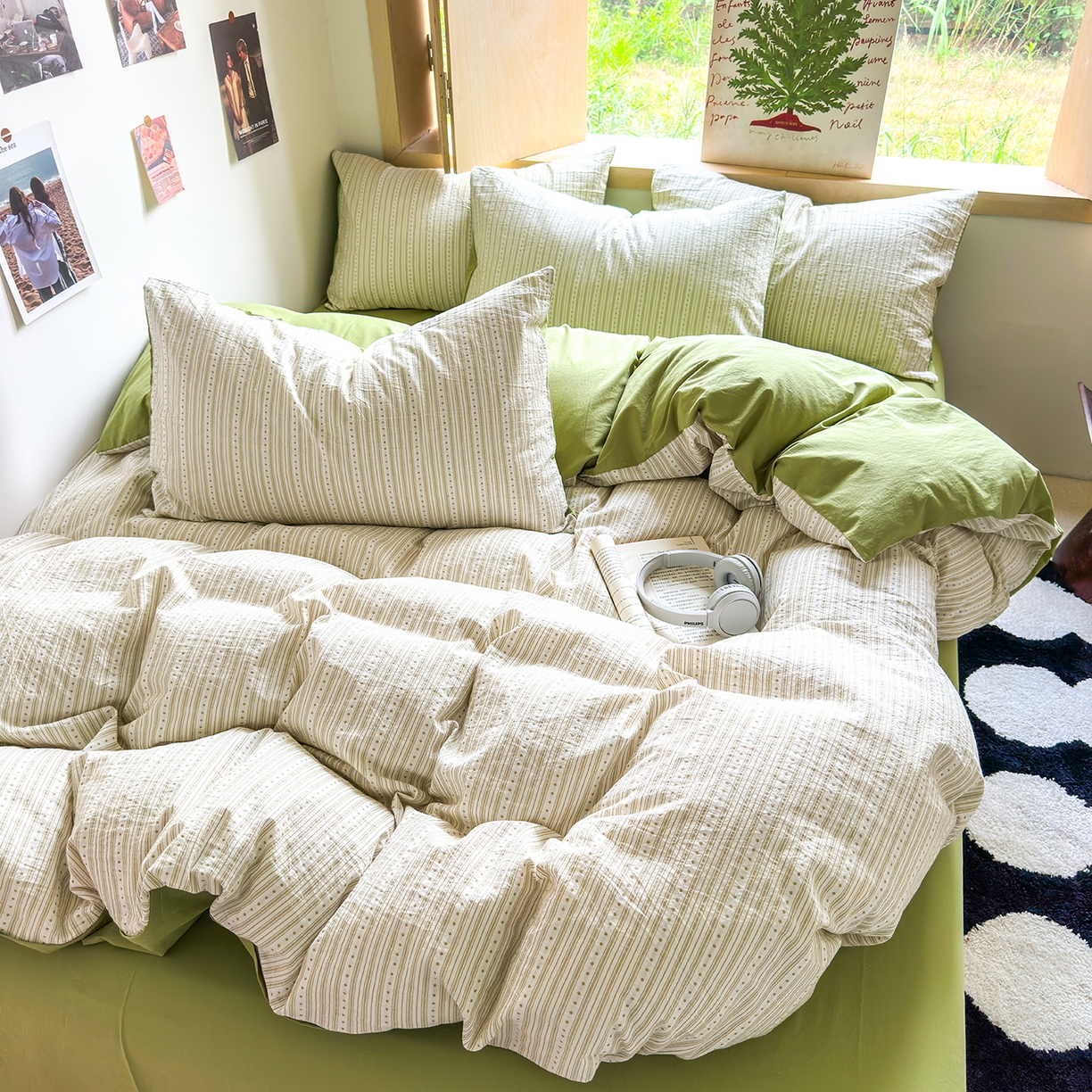 91家纺网 家纺一手货源 找家纺 千朵 2025新款全棉纯棉色织提花水洗棉四件套 富士系列 富士果绿