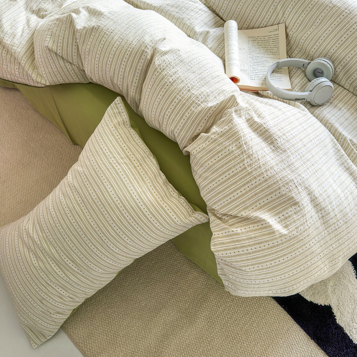 91家纺网 家纺一手货源 找家纺 千朵 2025新款全棉纯棉色织提花水洗棉四件套 富士系列 富士果绿