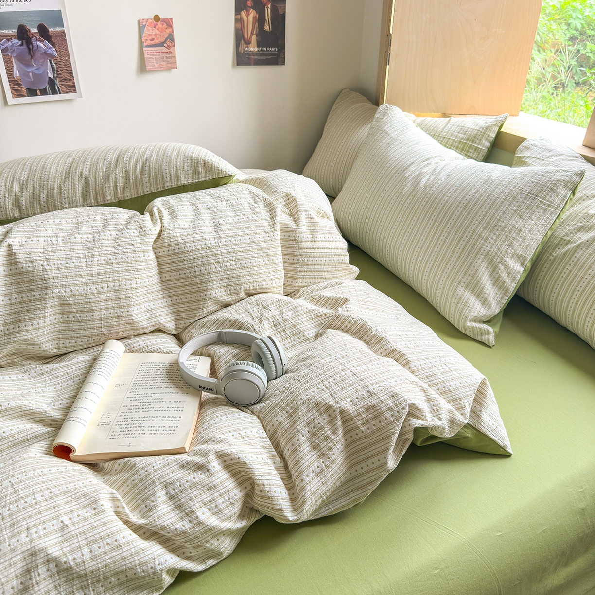 91家纺网 家纺一手货源 找家纺 千朵 2025新款全棉纯棉色织提花水洗棉四件套 富士系列 富士果绿