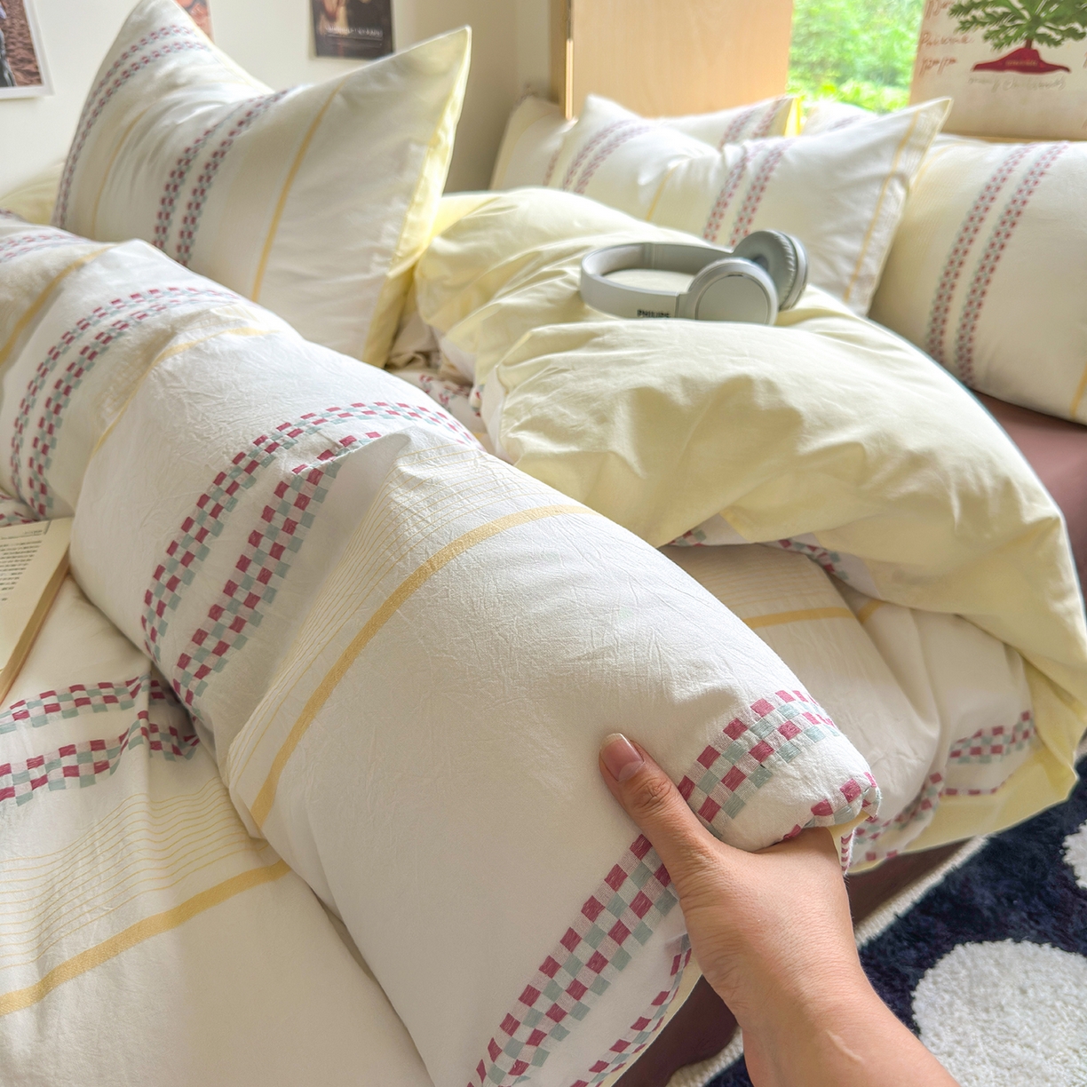 91家纺网 家纺一手货源 找家纺 千朵 2025新款全棉纯棉色织提花水洗棉四件套 富士系列 富士奶黄