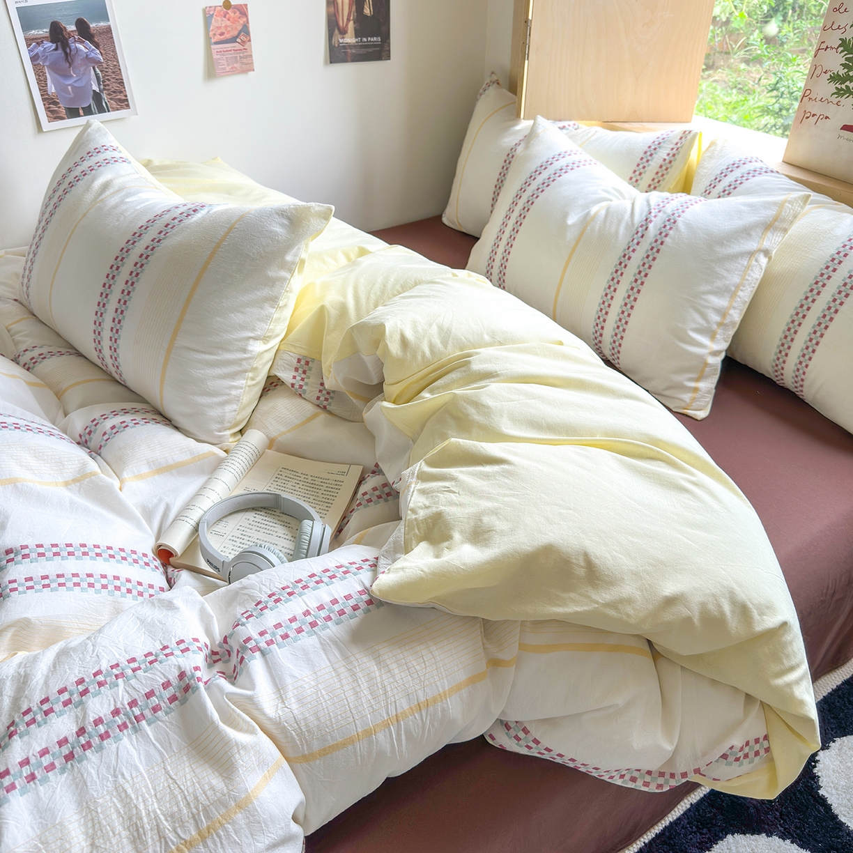 91家纺网 家纺一手货源 找家纺 千朵 2025新款全棉纯棉色织提花水洗棉四件套 富士系列 富士奶黄