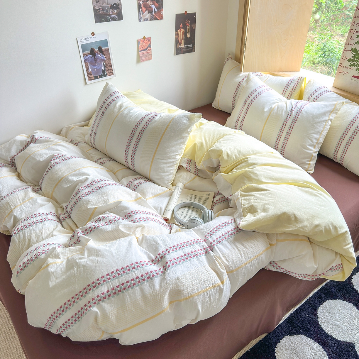 91家纺网 家纺一手货源 找家纺 千朵 2025新款全棉纯棉色织提花水洗棉四件套 富士系列 富士奶黄