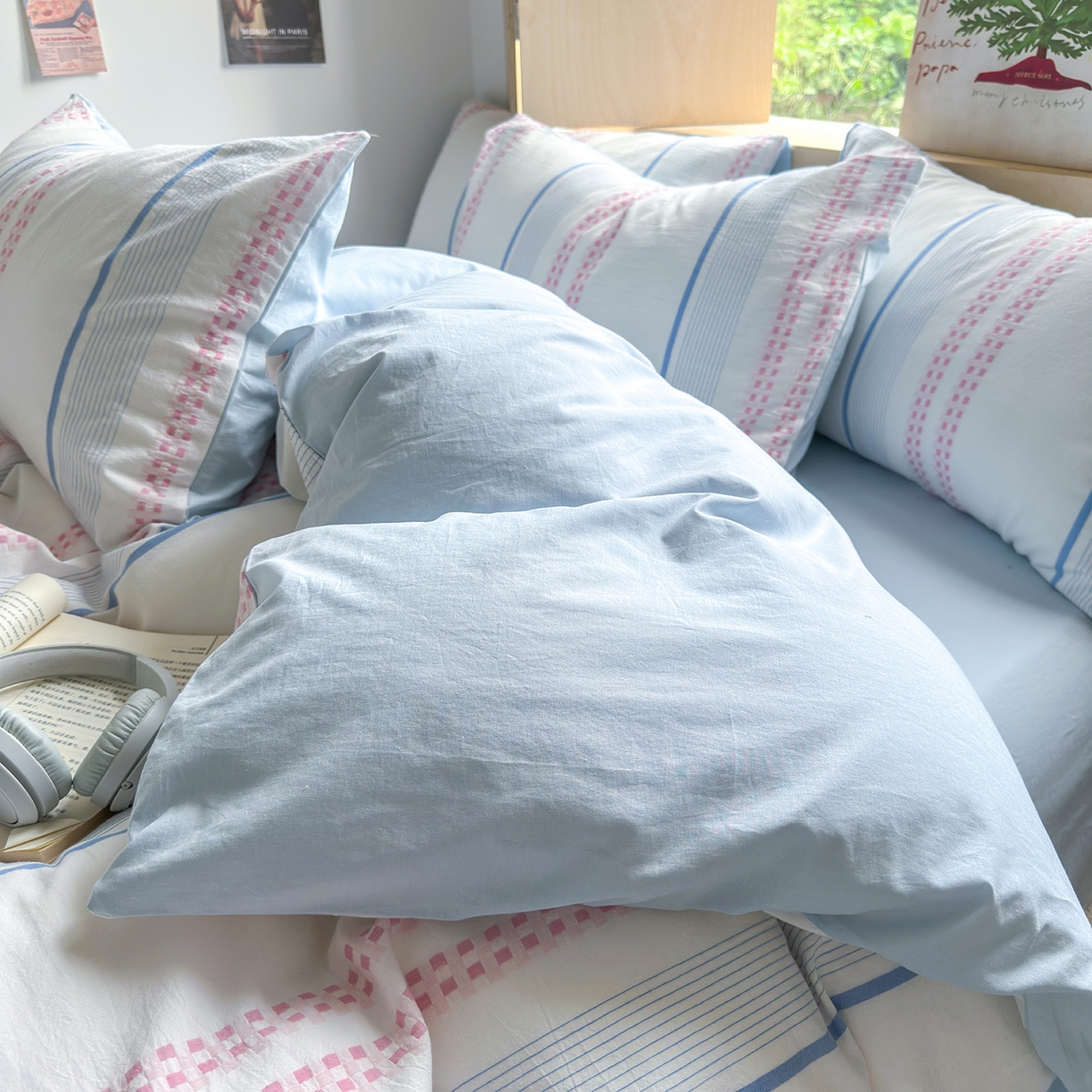 91家纺网 家纺一手货源 找家纺 千朵 2025新款全棉纯棉色织提花水洗棉四件套 富士系列 富士浅兰