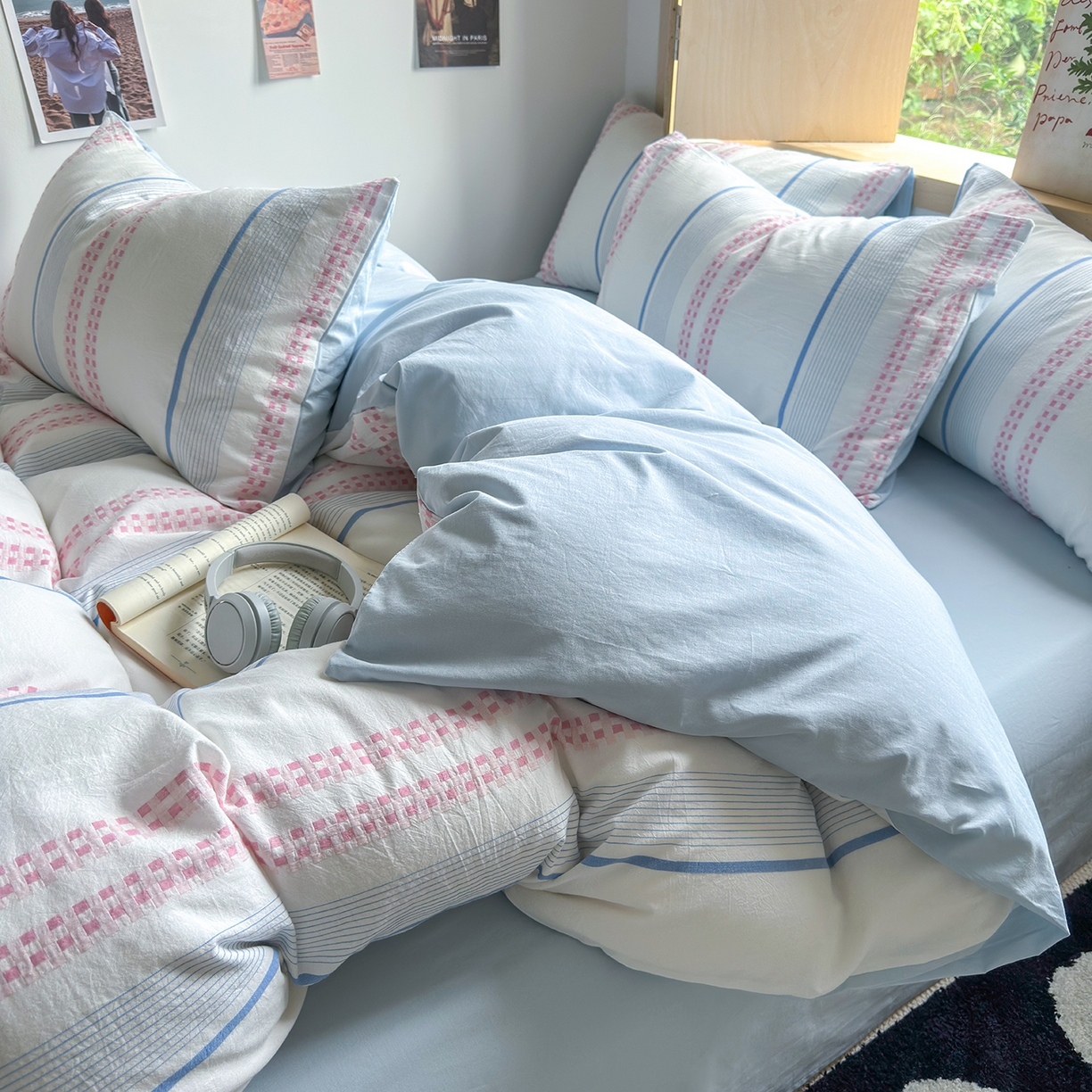 91家纺网 家纺一手货源 找家纺 千朵 2025新款全棉纯棉色织提花水洗棉四件套 富士系列 富士浅兰