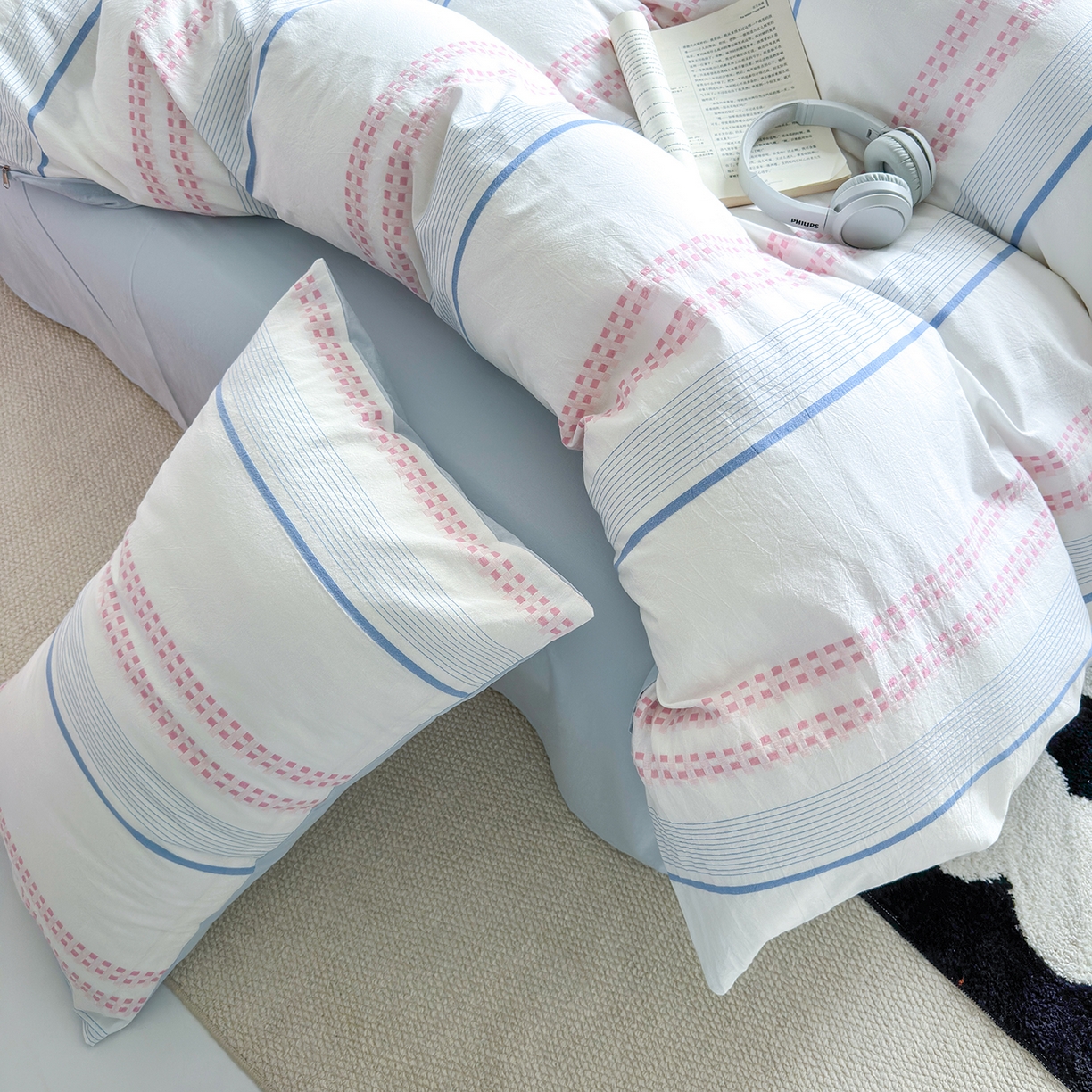 91家纺网 家纺一手货源 找家纺 千朵 2025新款全棉纯棉色织提花水洗棉四件套 富士系列 富士浅兰