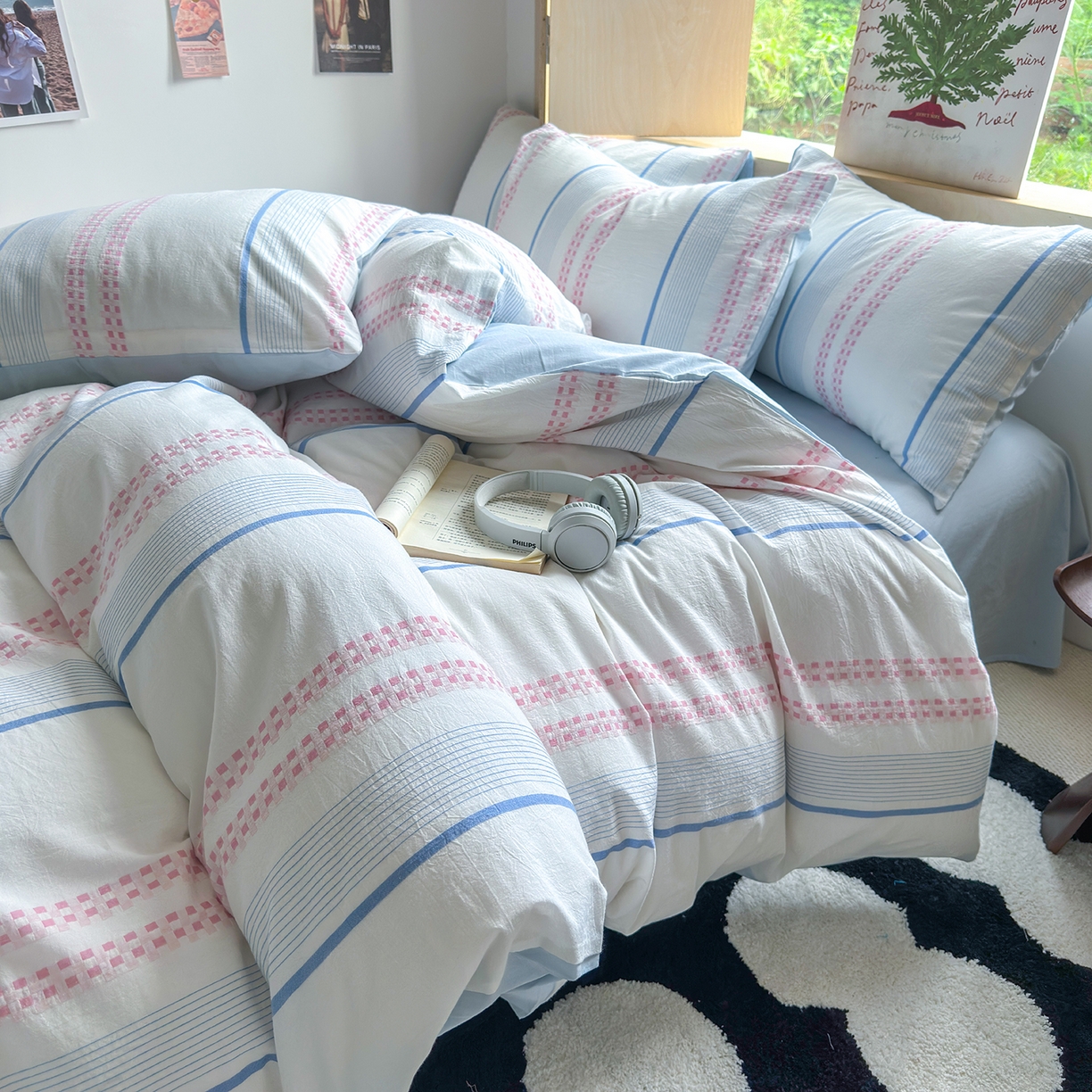 91家纺网 家纺一手货源 找家纺 千朵 2025新款全棉纯棉色织提花水洗棉四件套 富士系列 富士浅兰