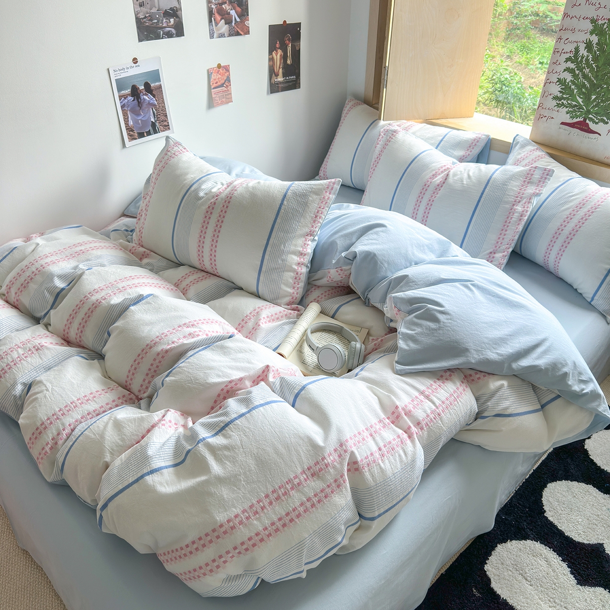 91家纺网 家纺一手货源 找家纺 千朵 2025新款全棉纯棉色织提花水洗棉四件套 富士系列 富士浅兰