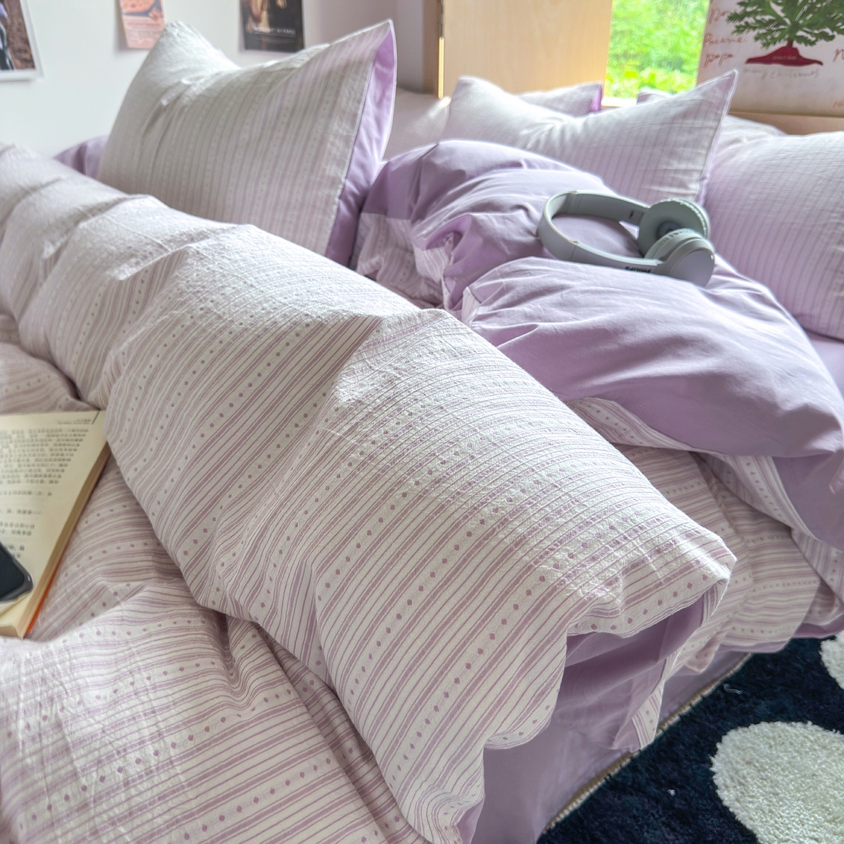 千朵 2025新款全棉纯棉色织提花水洗棉四件套 富士系列 富士浅紫