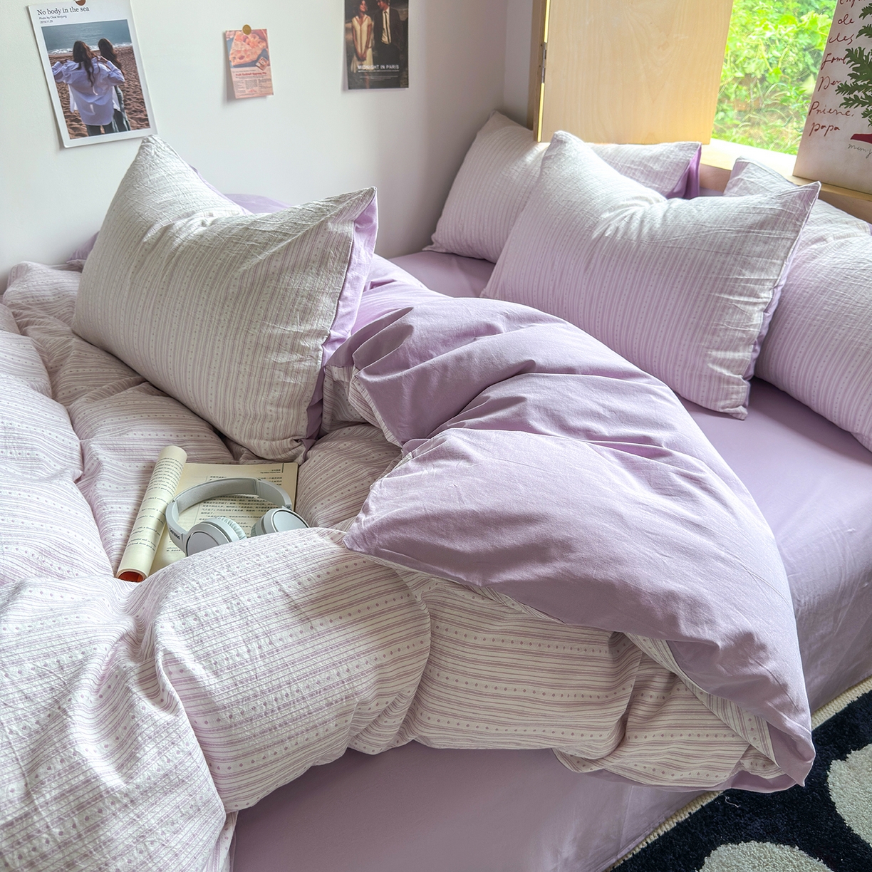 91家纺网 家纺一手货源 找家纺 千朵 2025新款全棉纯棉色织提花水洗棉四件套 富士系列 富士浅紫