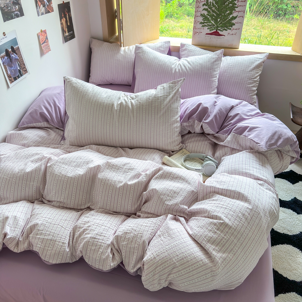 91家纺网 家纺一手货源 找家纺 千朵 2025新款全棉纯棉色织提花水洗棉四件套 富士系列 富士浅紫