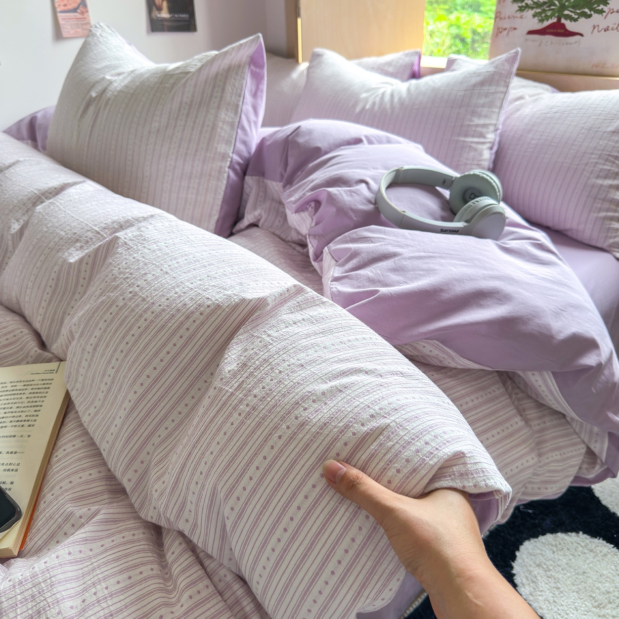 91家纺网 家纺一手货源 找家纺 千朵 2025新款全棉纯棉色织提花水洗棉四件套 富士系列 富士浅紫