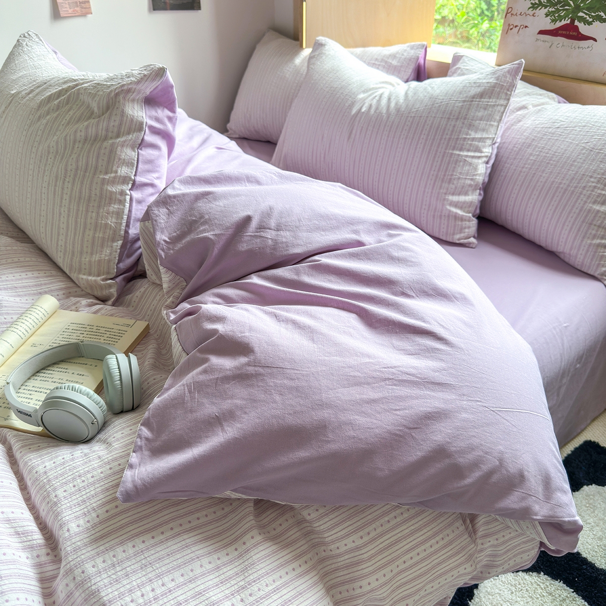 91家纺网 家纺一手货源 找家纺 千朵 2025新款全棉纯棉色织提花水洗棉四件套 富士系列 富士浅紫