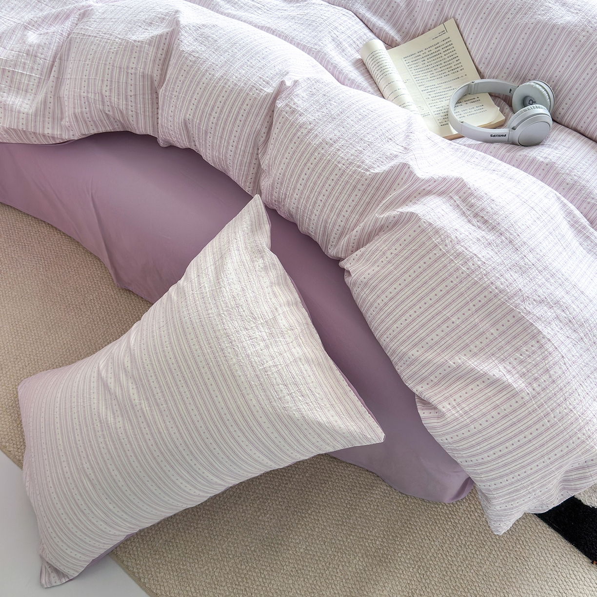 91家纺网 家纺一手货源 找家纺 千朵 2025新款全棉纯棉色织提花水洗棉四件套 富士系列 富士浅紫