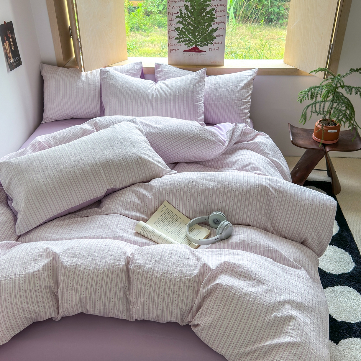 91家纺网 家纺一手货源 找家纺 千朵 2025新款全棉纯棉色织提花水洗棉四件套 富士系列 富士浅紫