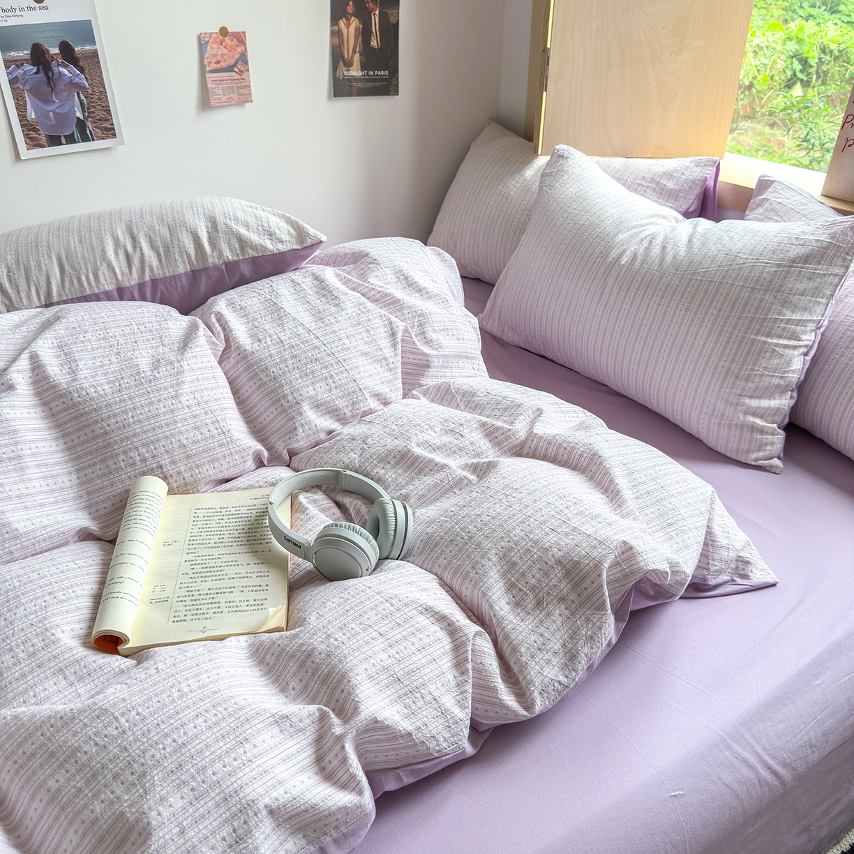 91家纺网 家纺一手货源 找家纺 千朵 2025新款全棉纯棉色织提花水洗棉四件套 富士系列 富士浅紫