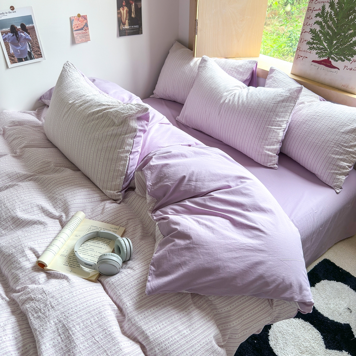 91家纺网 家纺一手货源 找家纺 千朵 2025新款全棉纯棉色织提花水洗棉四件套 富士系列 富士浅紫