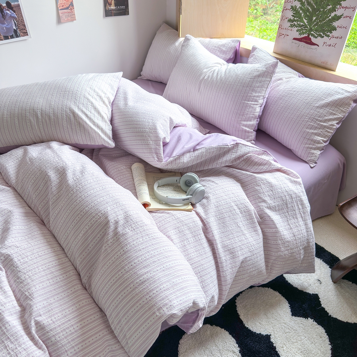 91家纺网 家纺一手货源 找家纺 千朵 2025新款全棉纯棉色织提花水洗棉四件套 富士系列 富士浅紫