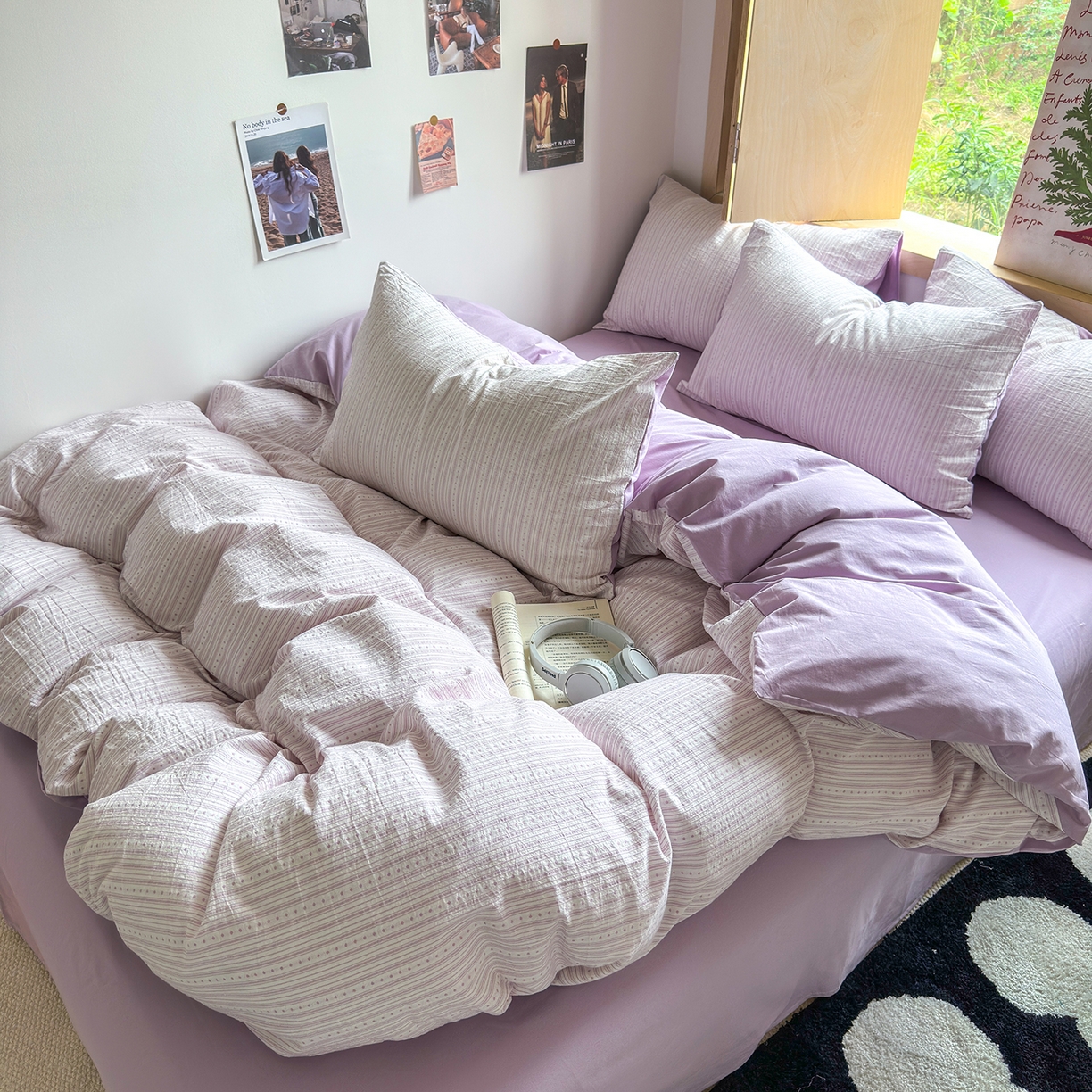 91家纺网 家纺一手货源 找家纺 千朵 2025新款全棉纯棉色织提花水洗棉四件套 富士系列 富士浅紫