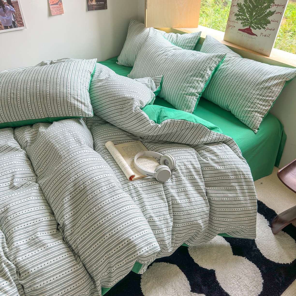 91家纺网 家纺一手货源 找家纺 千朵 2025新款全棉纯棉色织提花水洗棉四件套 富士系列 富士森绿