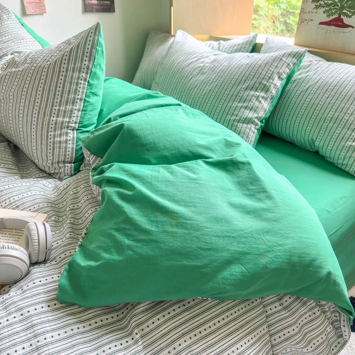 91家纺网 家纺一手货源 找家纺 千朵 2025新款全棉纯棉色织提花水洗棉四件套 富士系列 富士森绿