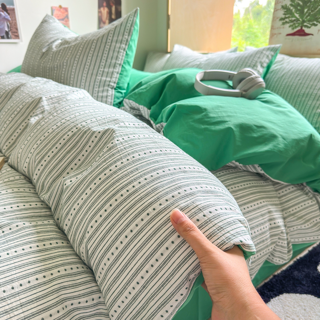 91家纺网 家纺一手货源 找家纺 千朵 2025新款全棉纯棉色织提花水洗棉四件套 富士系列 富士森绿