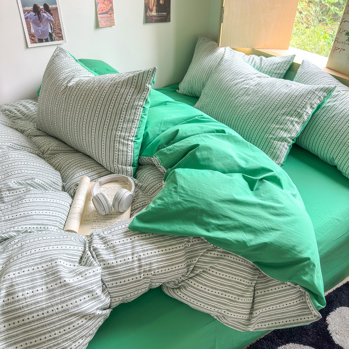 91家纺网 家纺一手货源 找家纺 千朵 2025新款全棉纯棉色织提花水洗棉四件套 富士系列 富士森绿