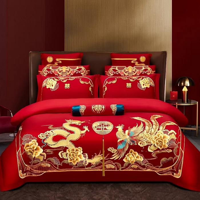 91家纺网 家纺一手货源 找家纺 （总）布乐意 2025新款全棉长绒棉贡缎提花全工艺喷气重工新中式绣花大红婚庆四件套多件套直播