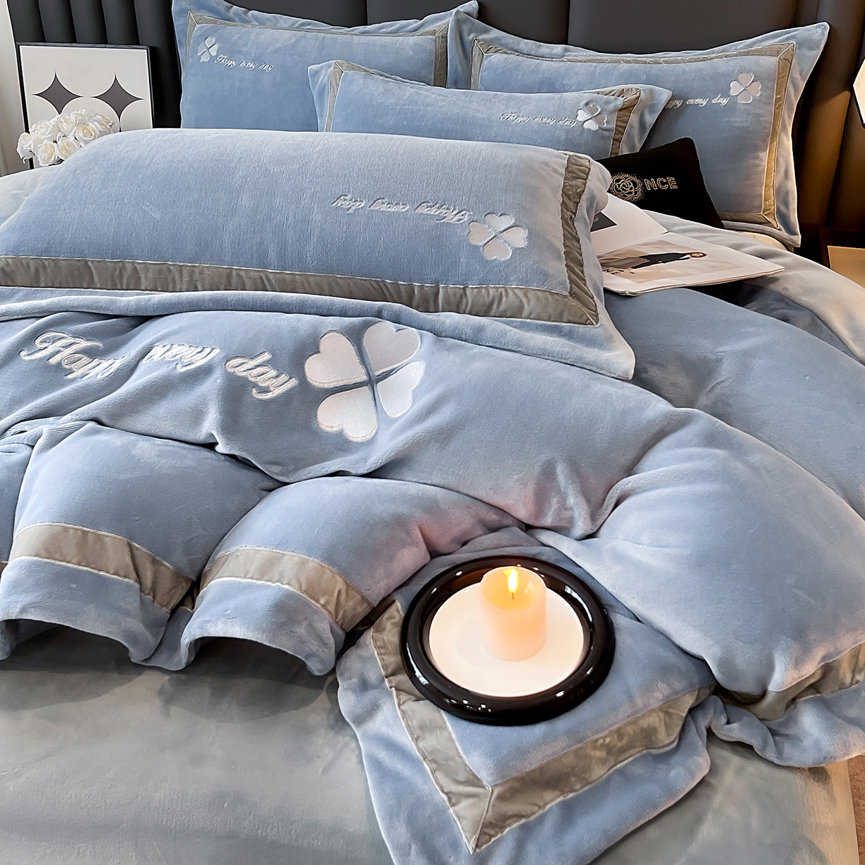 91家纺网 家纺一手货源 找家纺 妮恒美家纺 2025新款牛奶绒刺绣四件套-简爱系列 简爱-石英灰＋浅灰