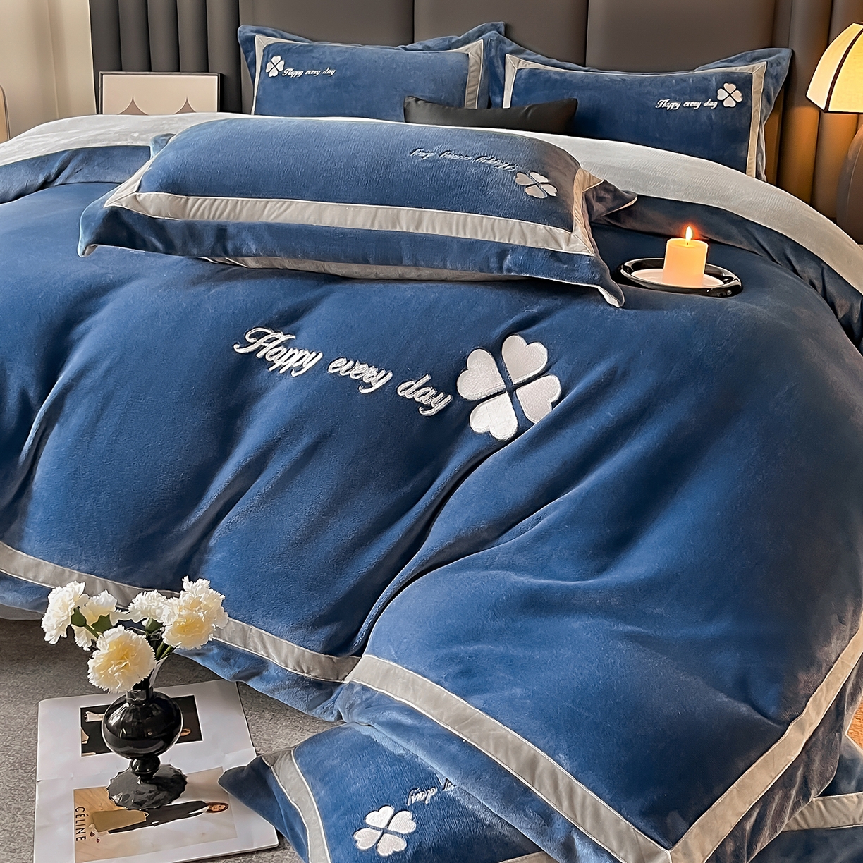 91家纺网 家纺一手货源 找家纺 妮恒美家纺 2025新款牛奶绒刺绣四件套-简爱系列 简爱-雾蓝＋浅灰