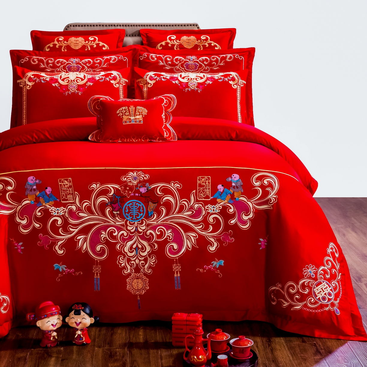 91家纺网 家纺一手货源 找家纺 （总）布乐意 2025新款全棉长绒棉贡缎提花全工艺喷气重工新中式绣花大红婚庆四件套多件套直播