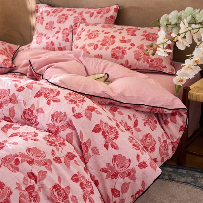 91家纺网 家纺一手货源 找家纺 （总）兰紫橙家纺 2025新款全棉纯棉嵌边色织提花四件套