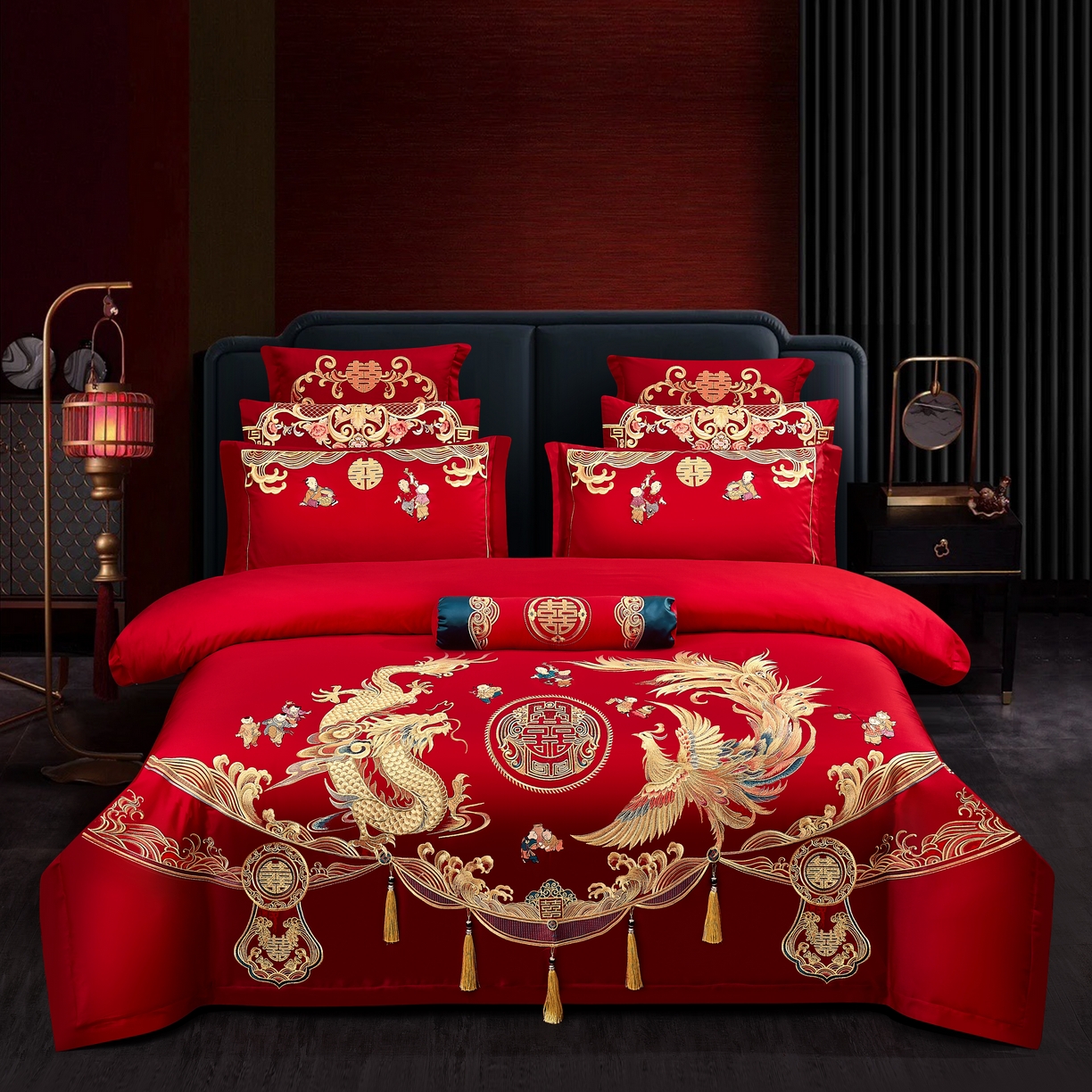 91家纺网 家纺一手货源 找家纺 （总）布乐意 2025新款全棉长绒棉贡缎提花全工艺喷气重工新中式绣花大红婚庆四件套多件套直播