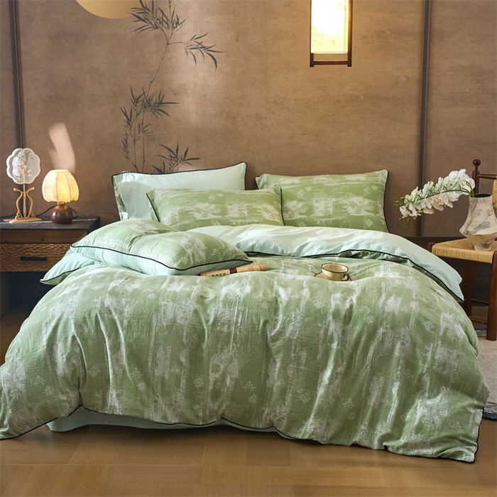 91家纺网 家纺一手货源 找家纺 兰紫橙家纺 2025新款全棉纯棉嵌边色织提花四件套 光芒-草绿