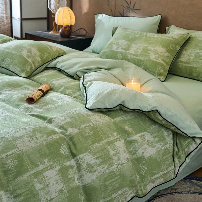 91家纺网 家纺一手货源 找家纺 兰紫橙家纺 2025新款全棉纯棉嵌边色织提花四件套 光芒-草绿