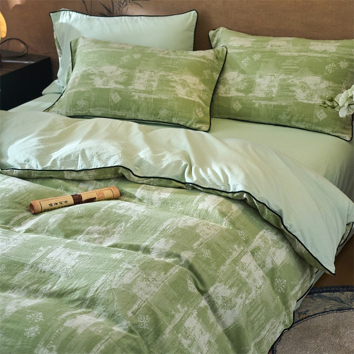 91家纺网 家纺一手货源 找家纺 兰紫橙家纺 2025新款全棉纯棉嵌边色织提花四件套 光芒-草绿