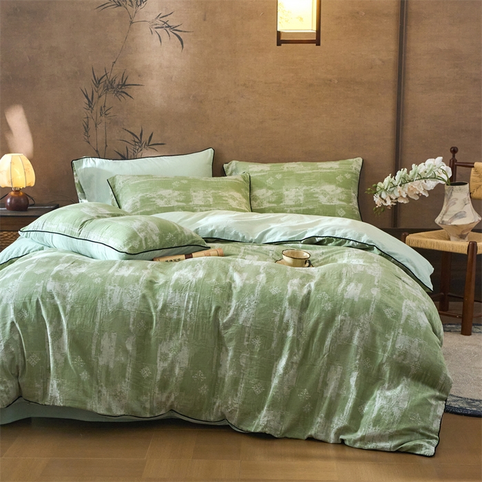 91家纺网 家纺一手货源 找家纺 兰紫橙家纺 2025新款全棉纯棉嵌边色织提花四件套 光芒-草绿