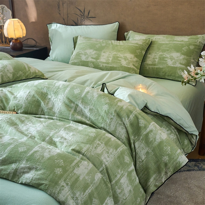 91家纺网 家纺一手货源 找家纺 兰紫橙家纺 2025新款全棉纯棉嵌边色织提花四件套 光芒-草绿