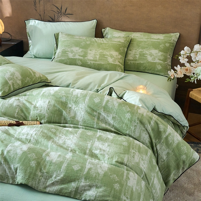 91家纺网 家纺一手货源 找家纺 兰紫橙家纺 2025新款全棉纯棉嵌边色织提花四件套 光芒-草绿